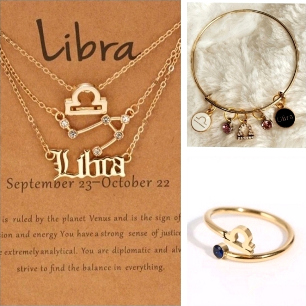 Libra Zodiac 3 Necklace Set, Bracelet & Ring